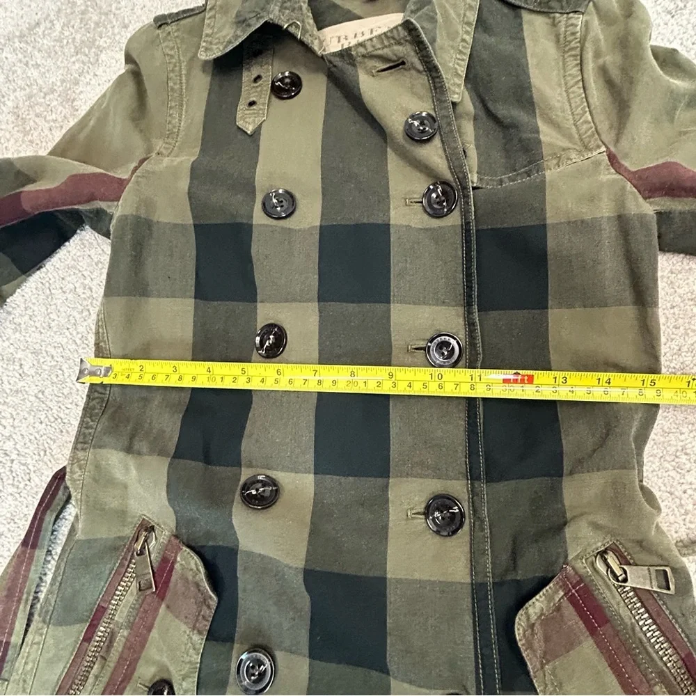 Burberry Brit Check Trench Coat Jacket double breasted Short Linen green belted - Picture 9 of 16